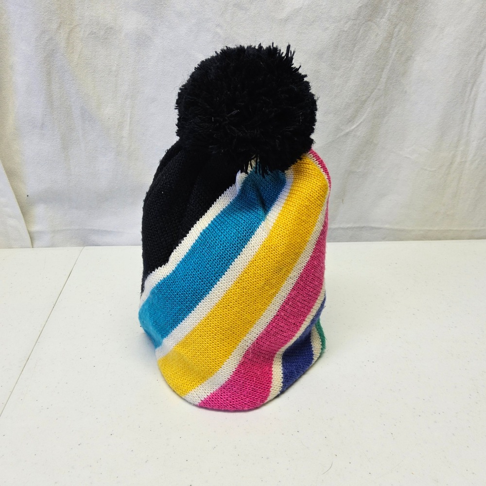 Vintage Tyrolia Kids Beanie One Size Multicolor Diagonal Stripe Pom Pom Knit Hat